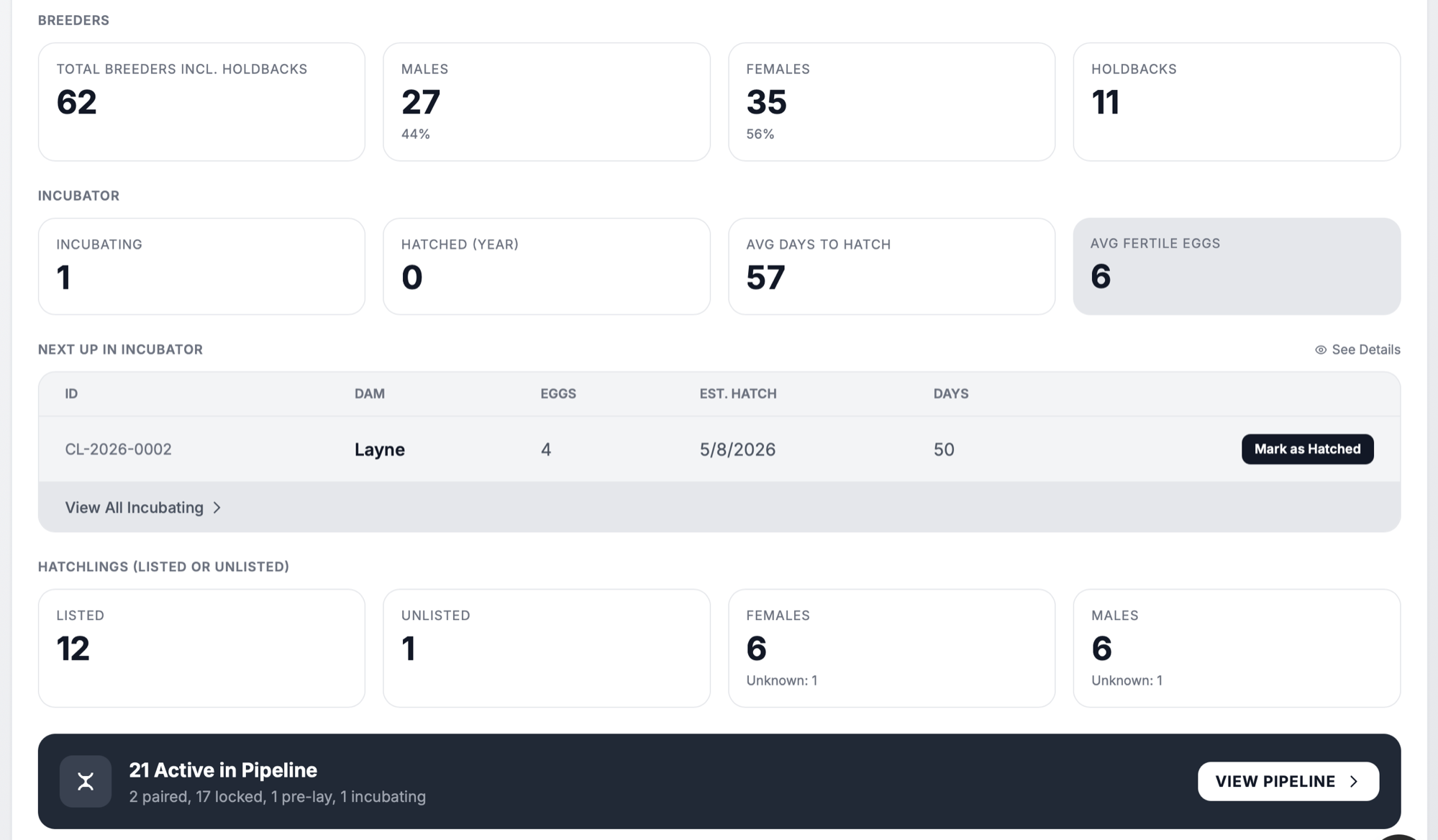 THE RACK incubator view showing active clutches with estimated hatch dates and progress bars