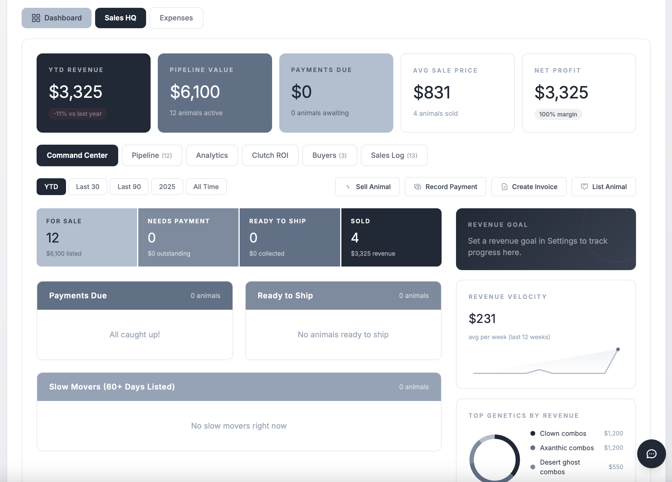 THE RACK Sales HQ dashboard showing revenue by year, profit margins, average sale price by sex, and days to sell metrics