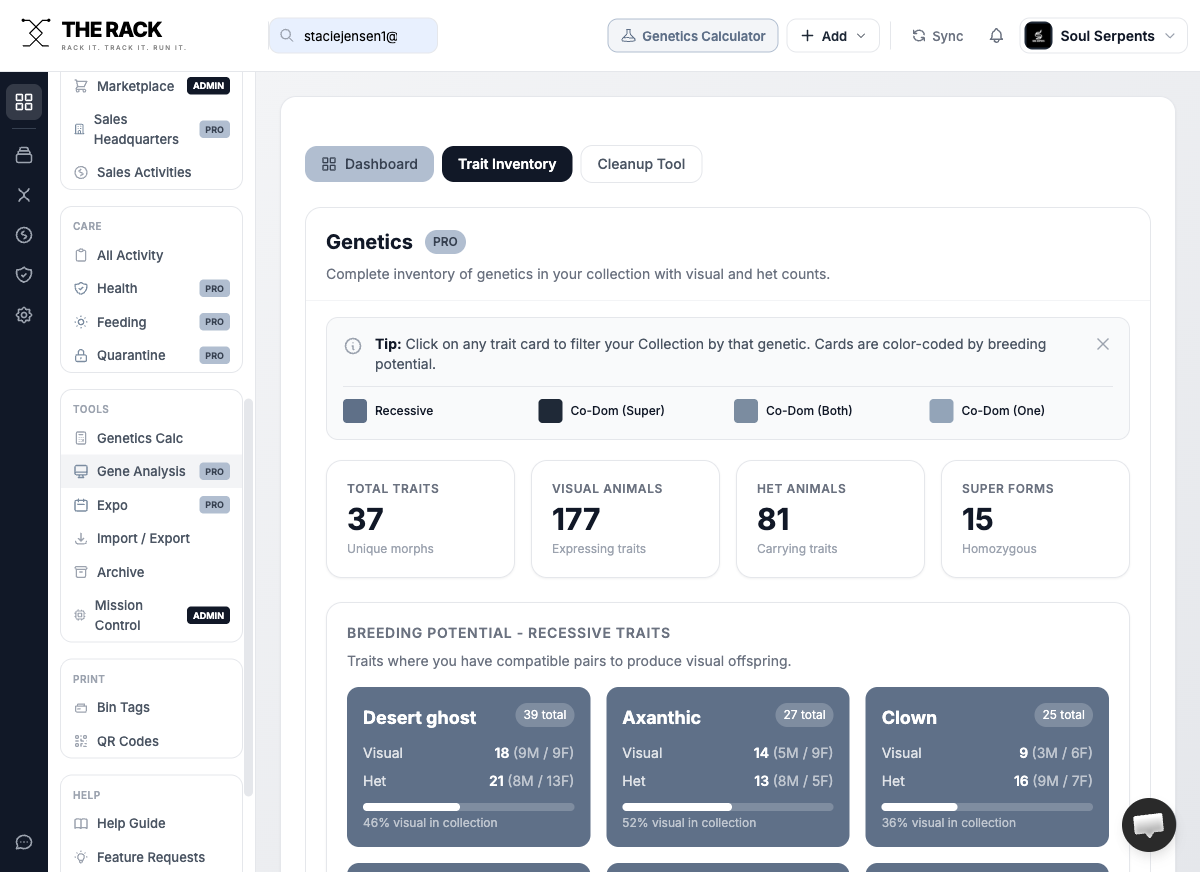 THE RACK collection page showing all ball pythons with feeding status, weight, and health data for managing care costs