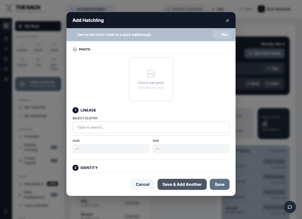 THE RACK incubator dashboard with clutch records, estimated hatch dates, and progress bars.