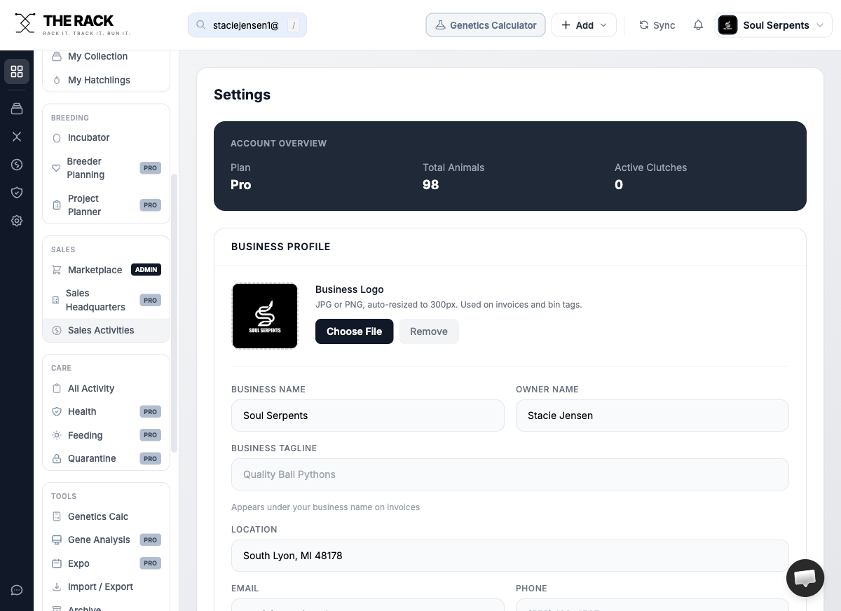 THE RACK Sales HQ with invoice generation, QR code report cards, and buyer management.