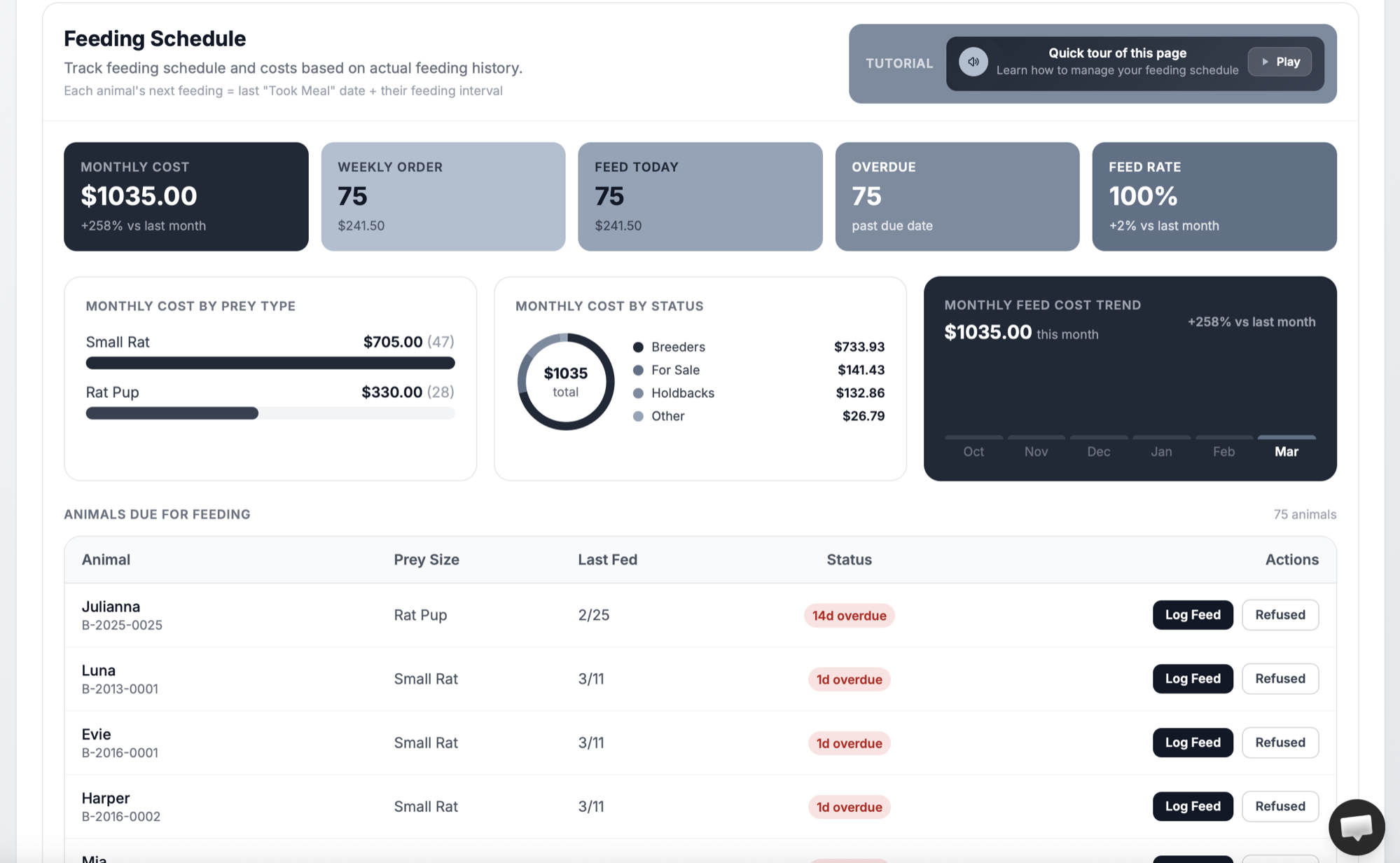 THE RACK Bulk Feeding page showing group feeding log with prey sizes and refusal tracking