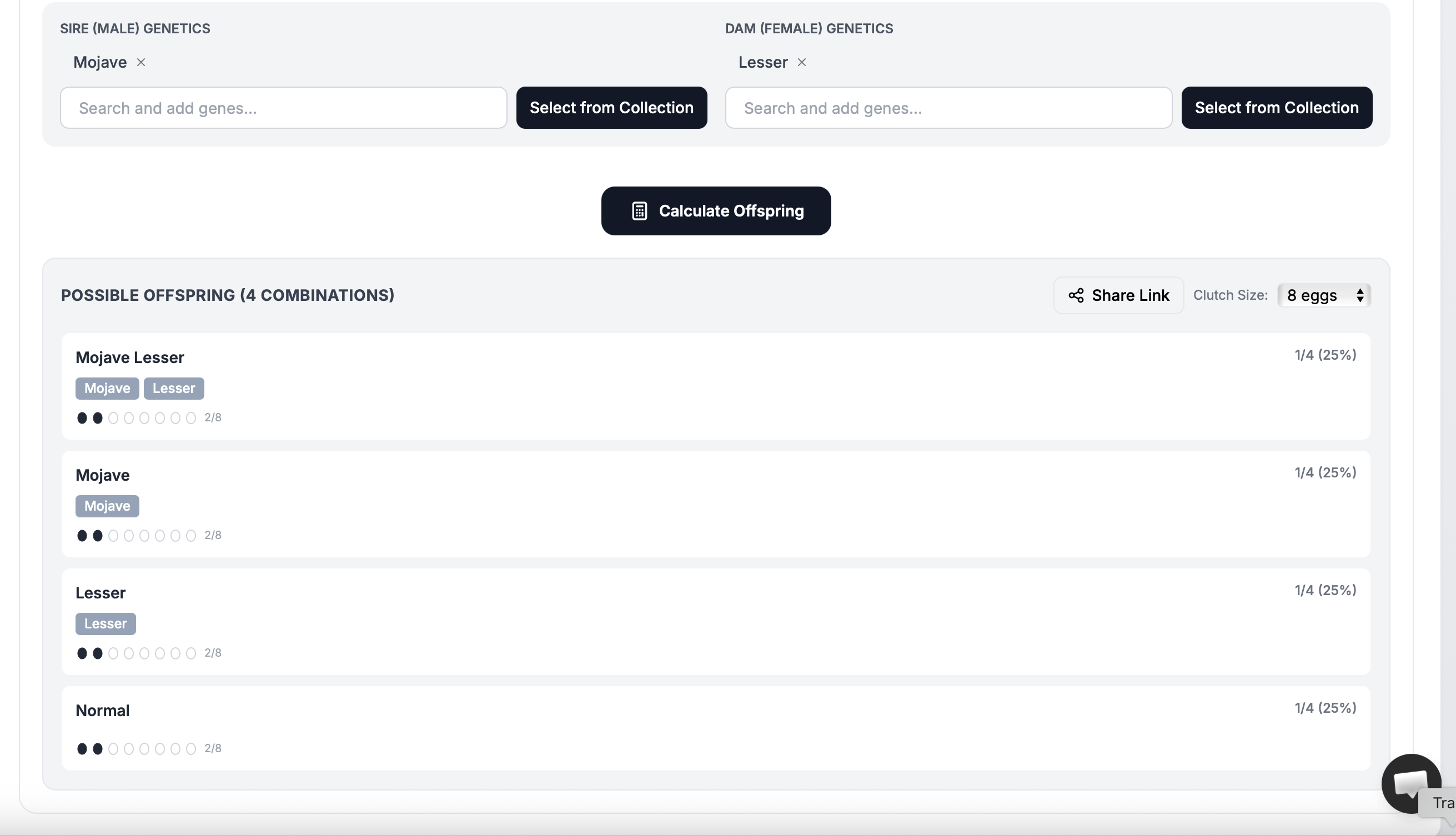 THE RACK genetics calculator showing Mojave x Lesser pairing with offspring probability results including Blue Eyed Leucistic