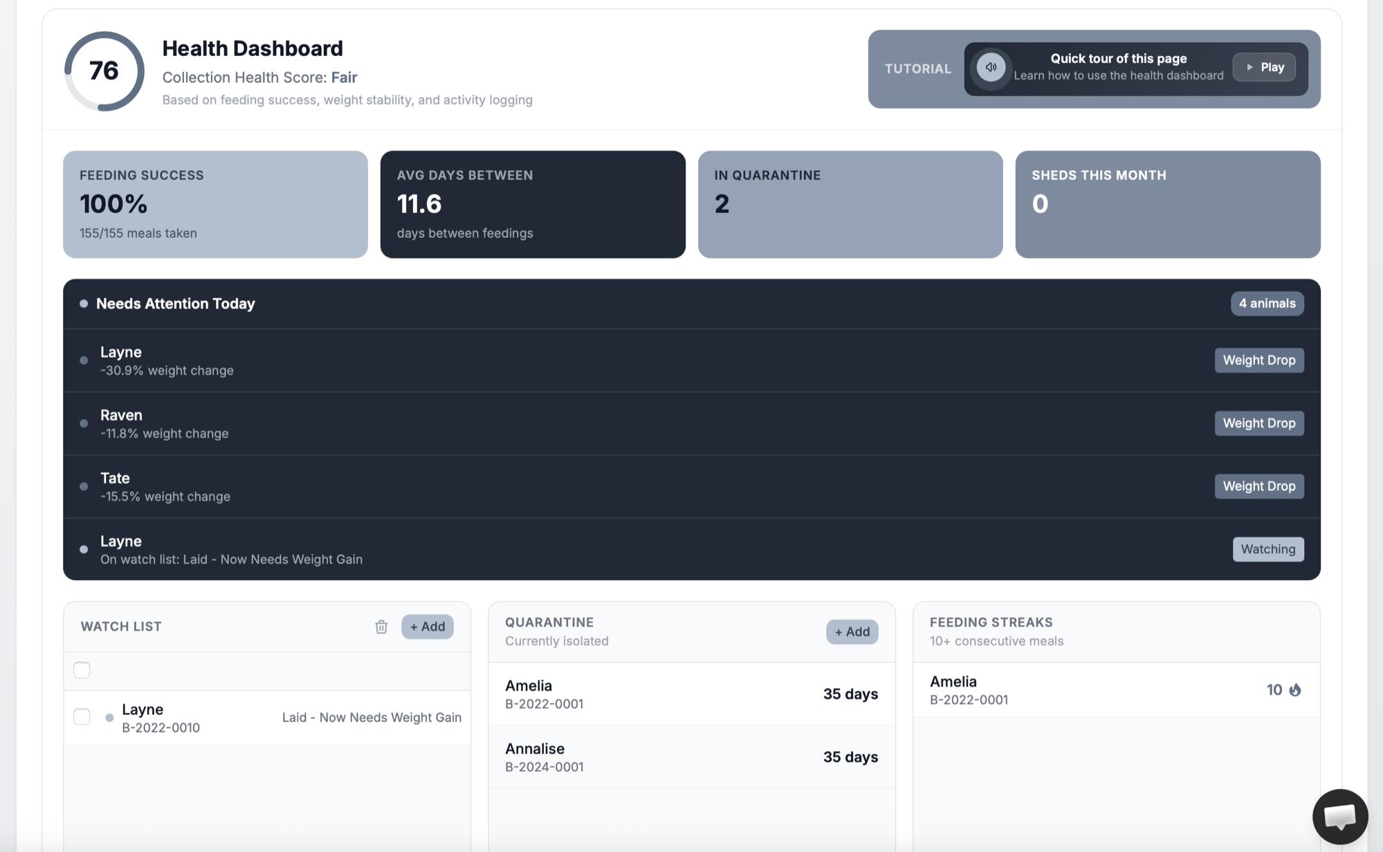 THE RACK health dashboard showing animal health overview with symptom logs, weight tracking, and health alerts for ball python hatchlings