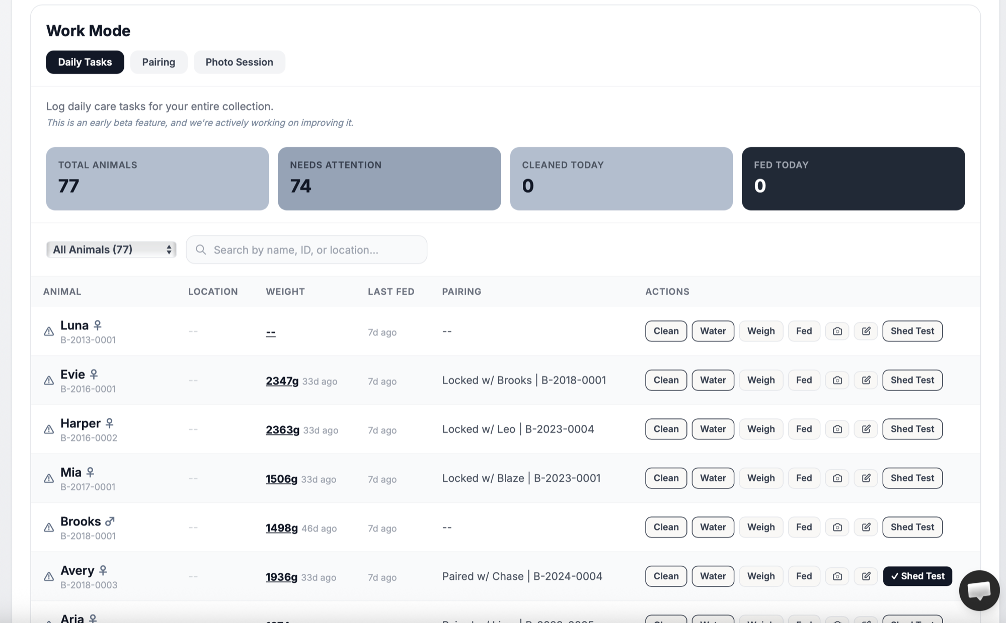 THE RACK Work Mode showing daily task checklist for ball python facility management including feeding and maintenance tasks