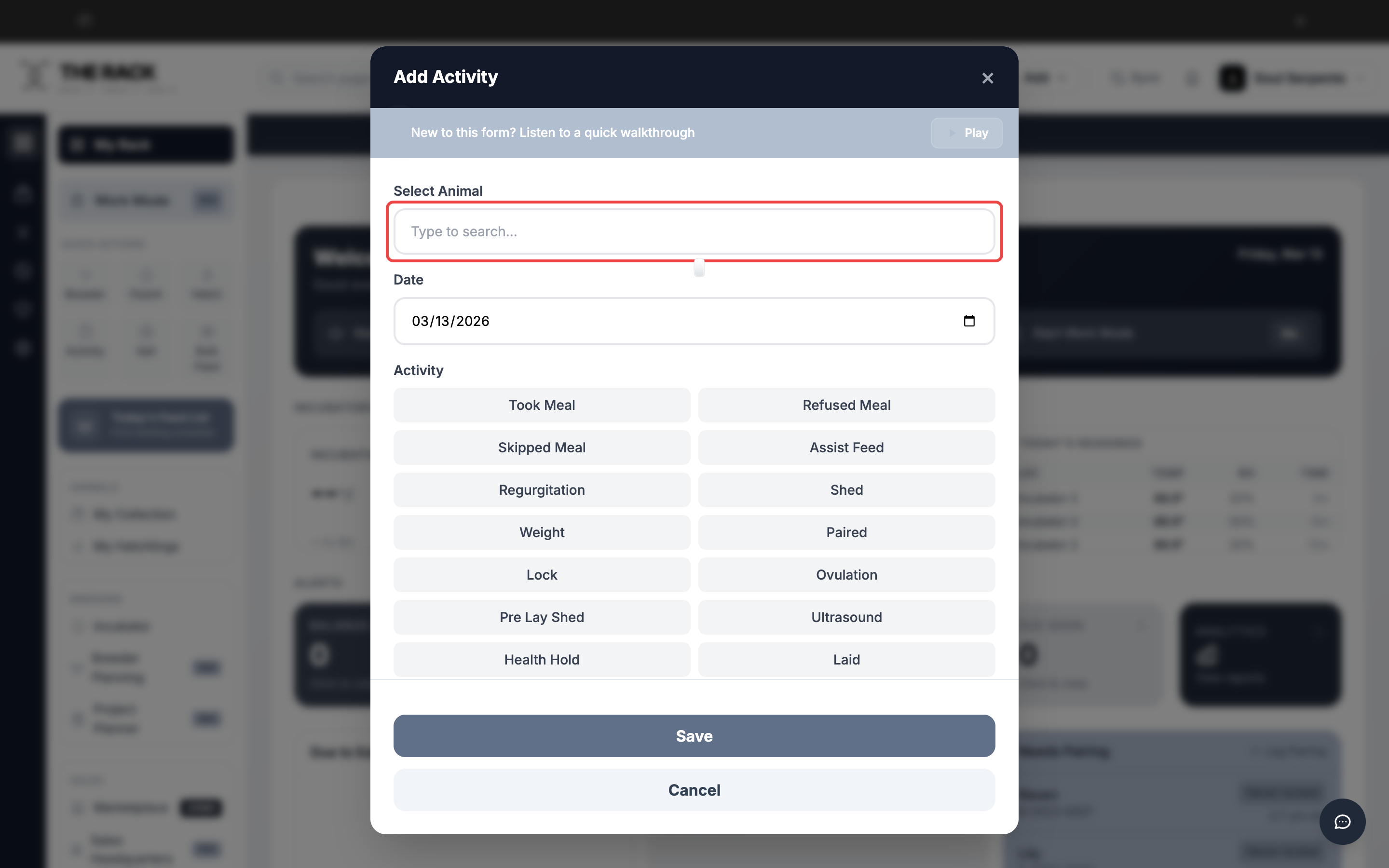 Add Activity form showing the Select Animal search field at the top