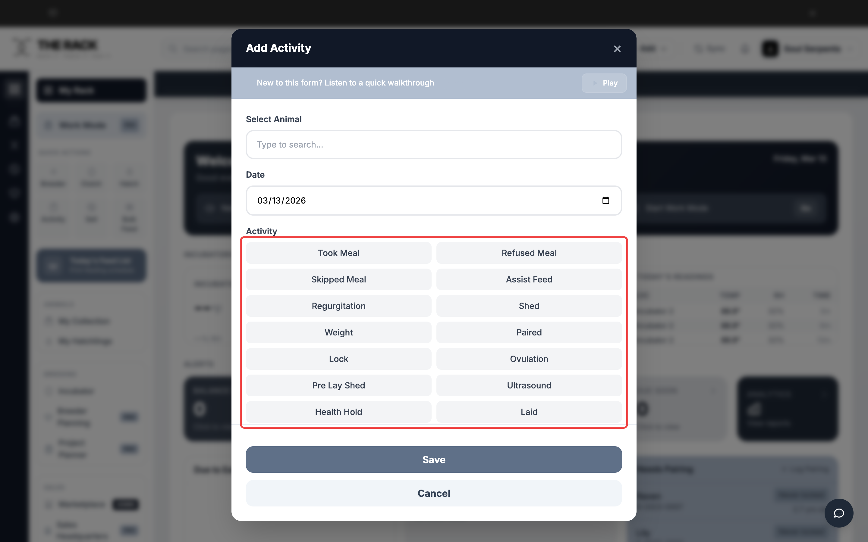 Activity type button grid showing all 16 activity options
