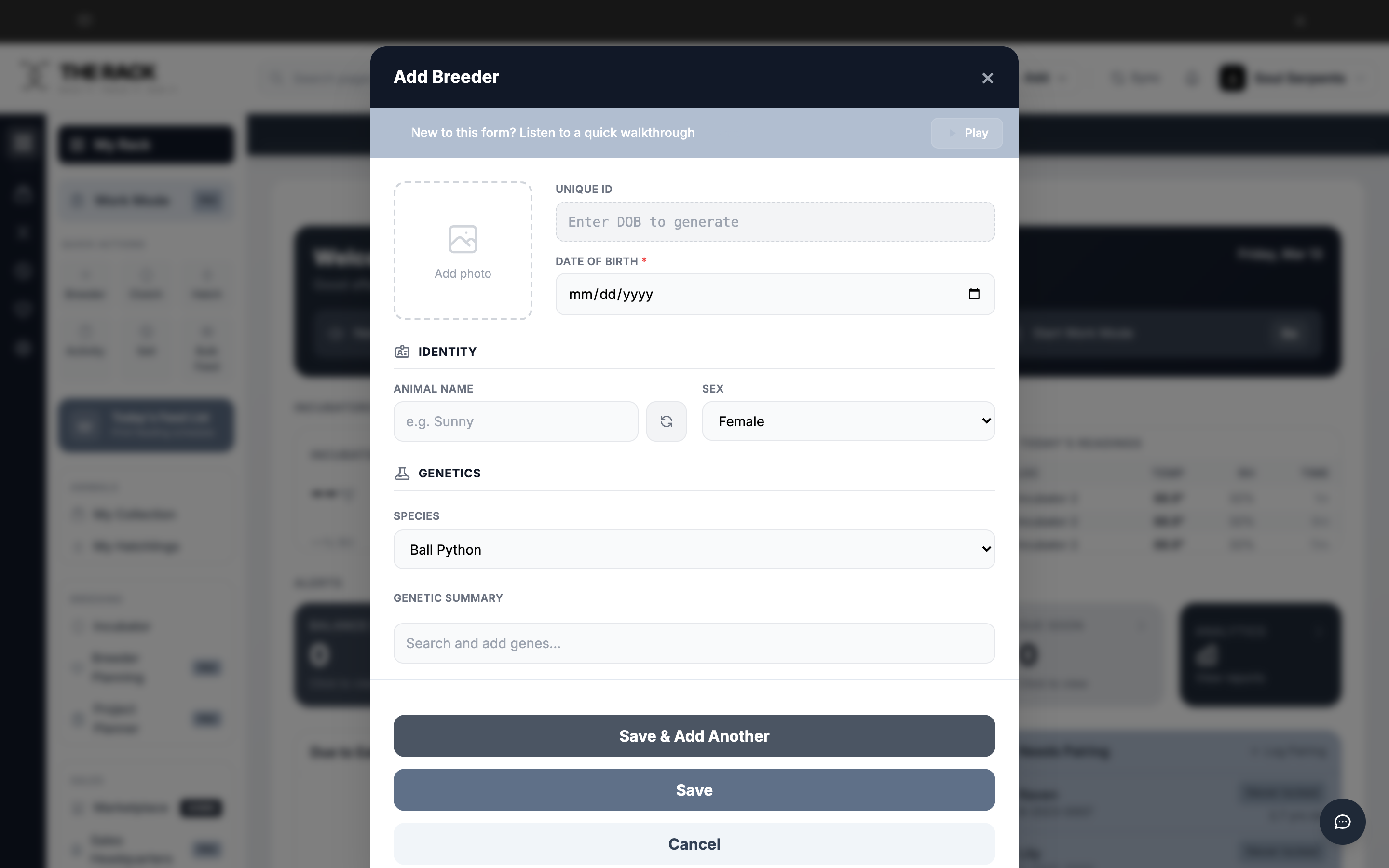 The Add Breeder modal showing Photo, Identity, and Genetics sections
