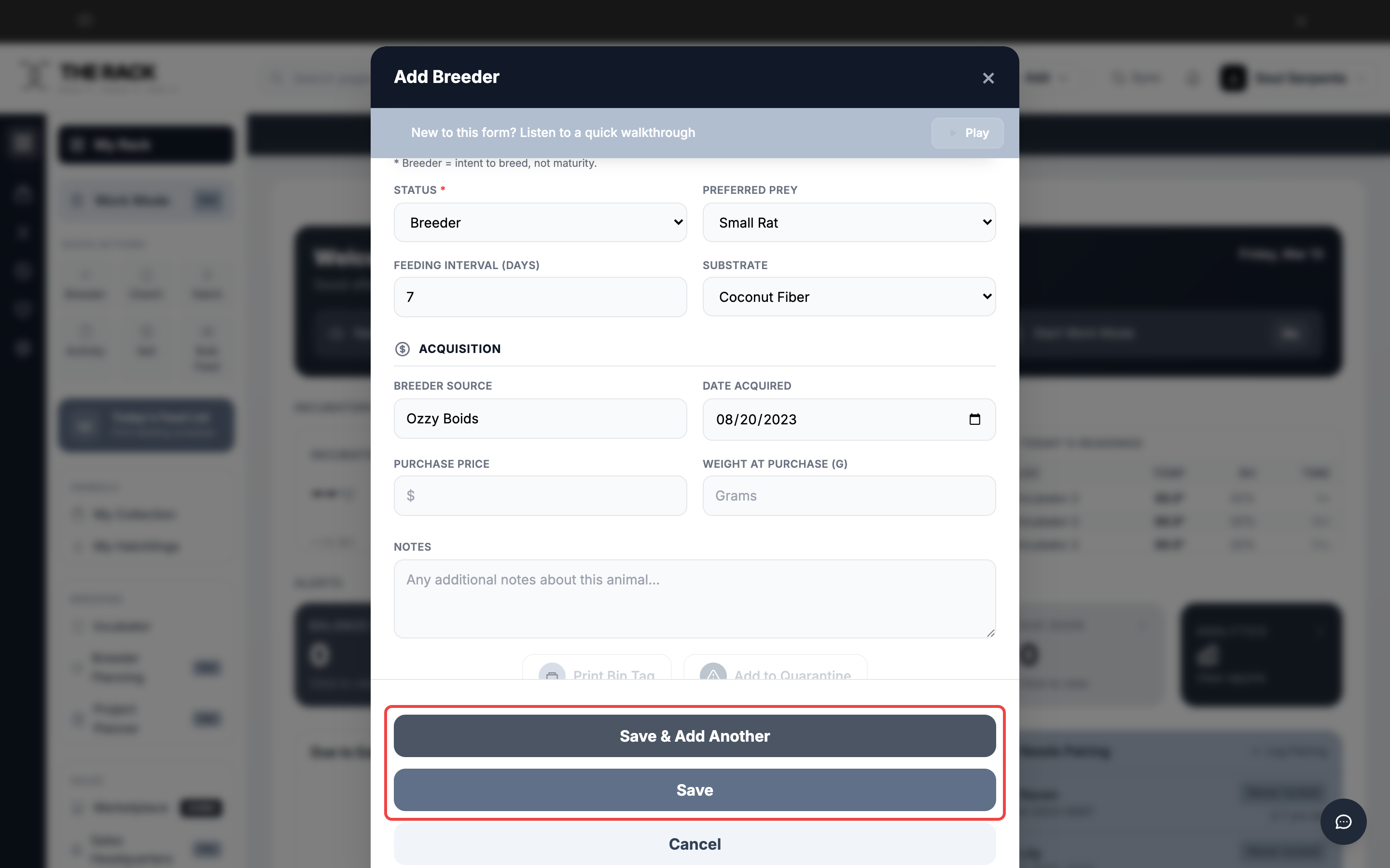 Bottom of the Add Breeder form showing Notes field, Save and Add Another button, and Save button