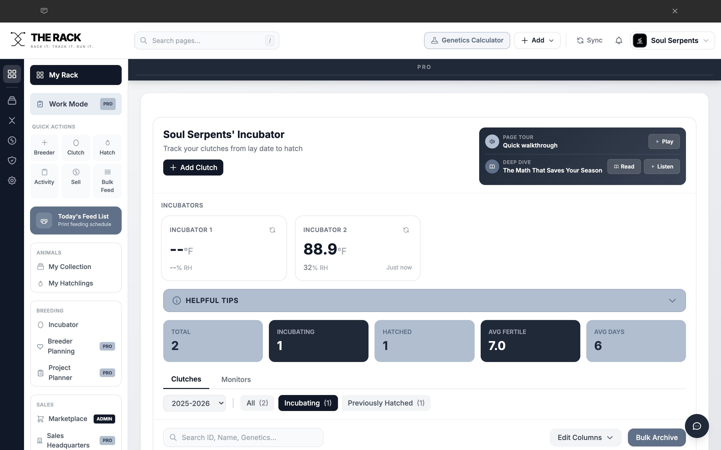 The Incubator page showing incubator monitors, stats cards, and clutch filters