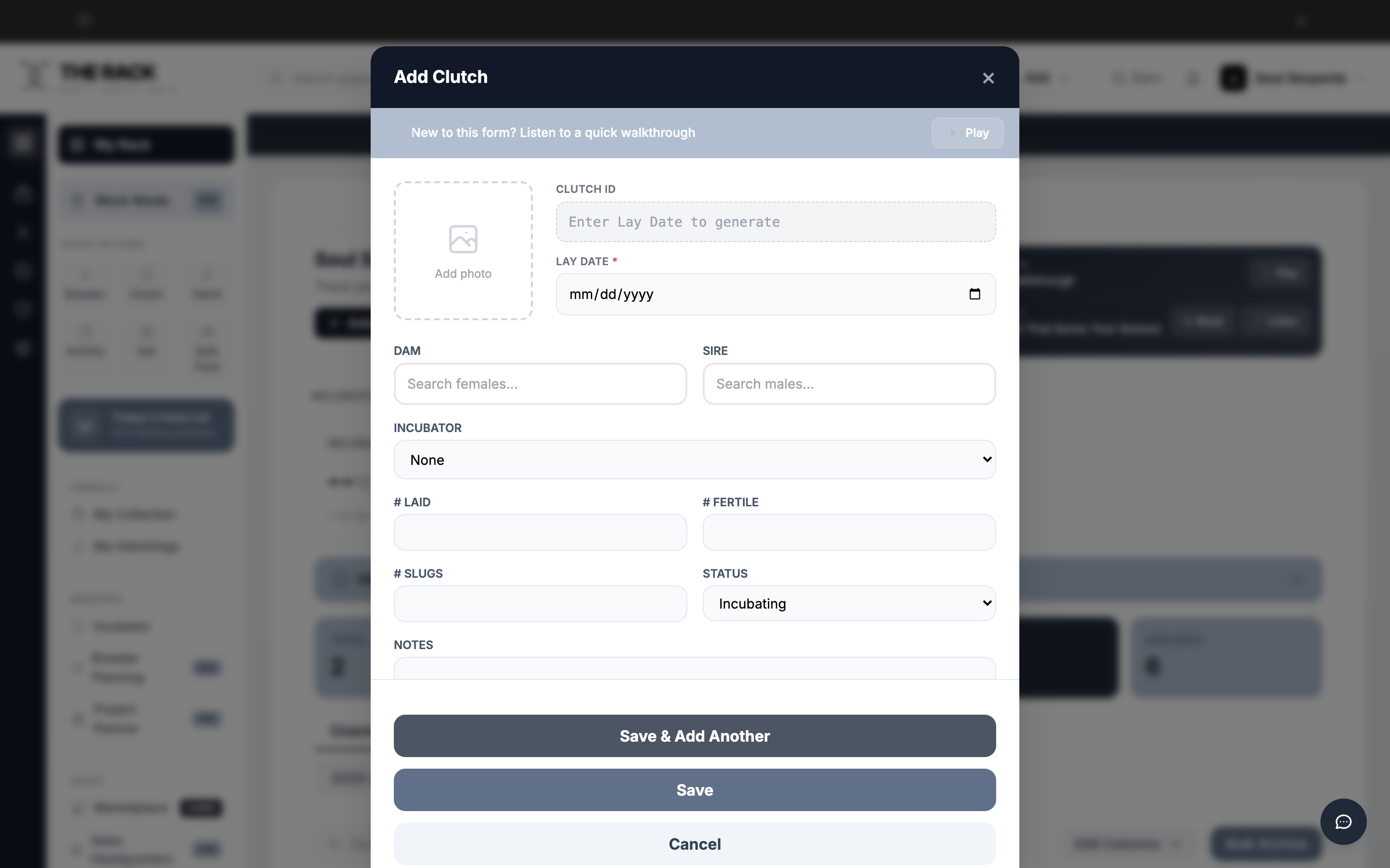 The Add Clutch modal showing all fields
