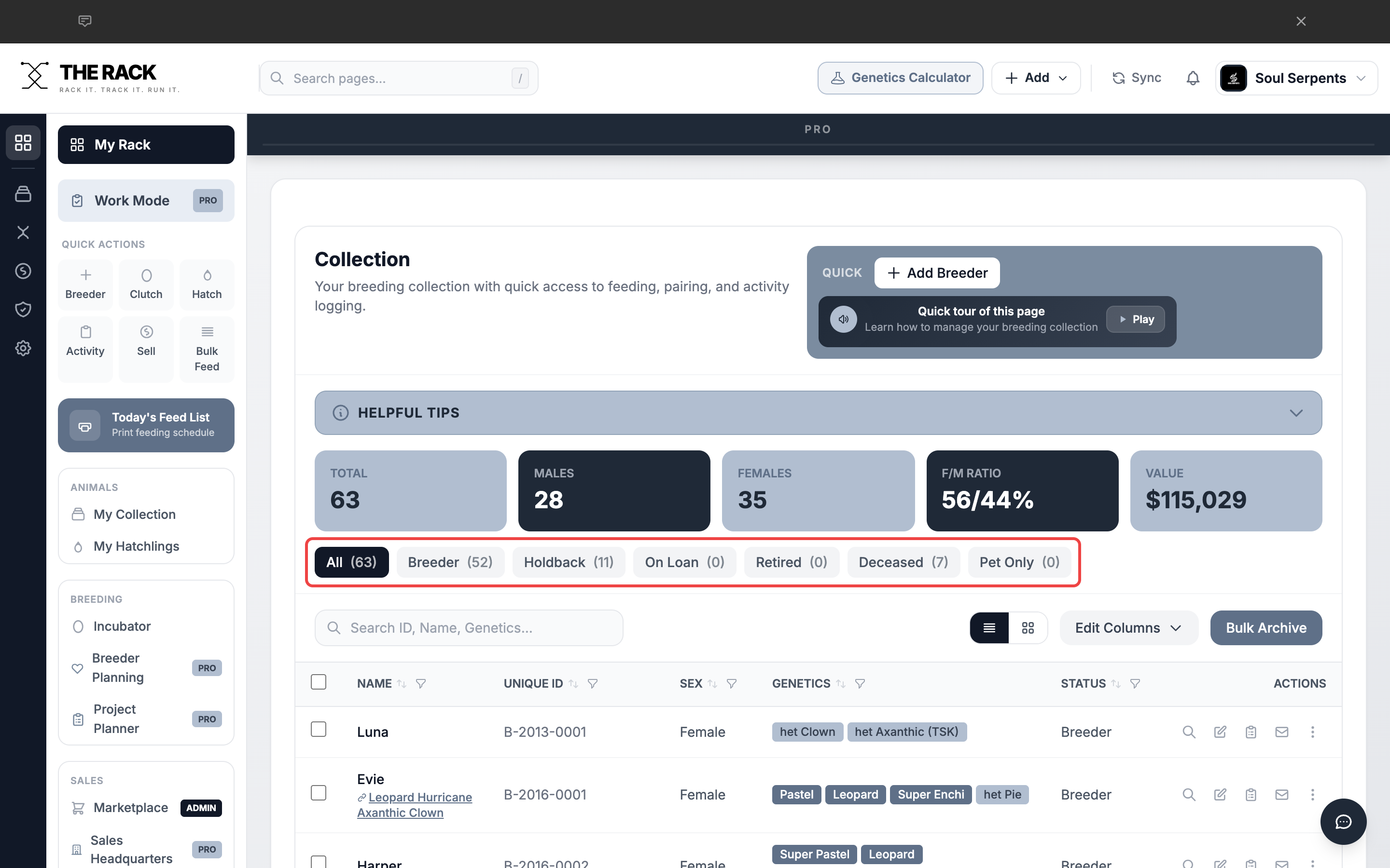 Status filter buttons showing All, Breeder, Holdback, and more