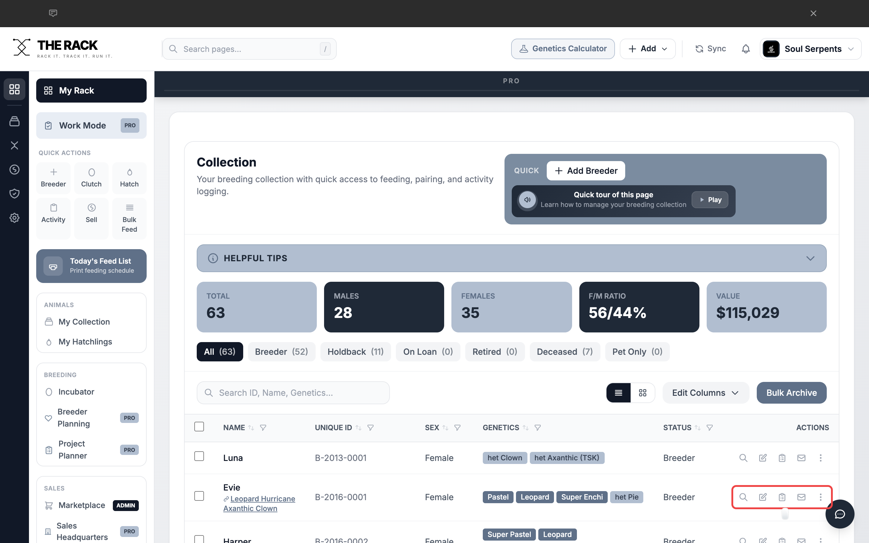 Quick action buttons highlighted on an animal row in list view