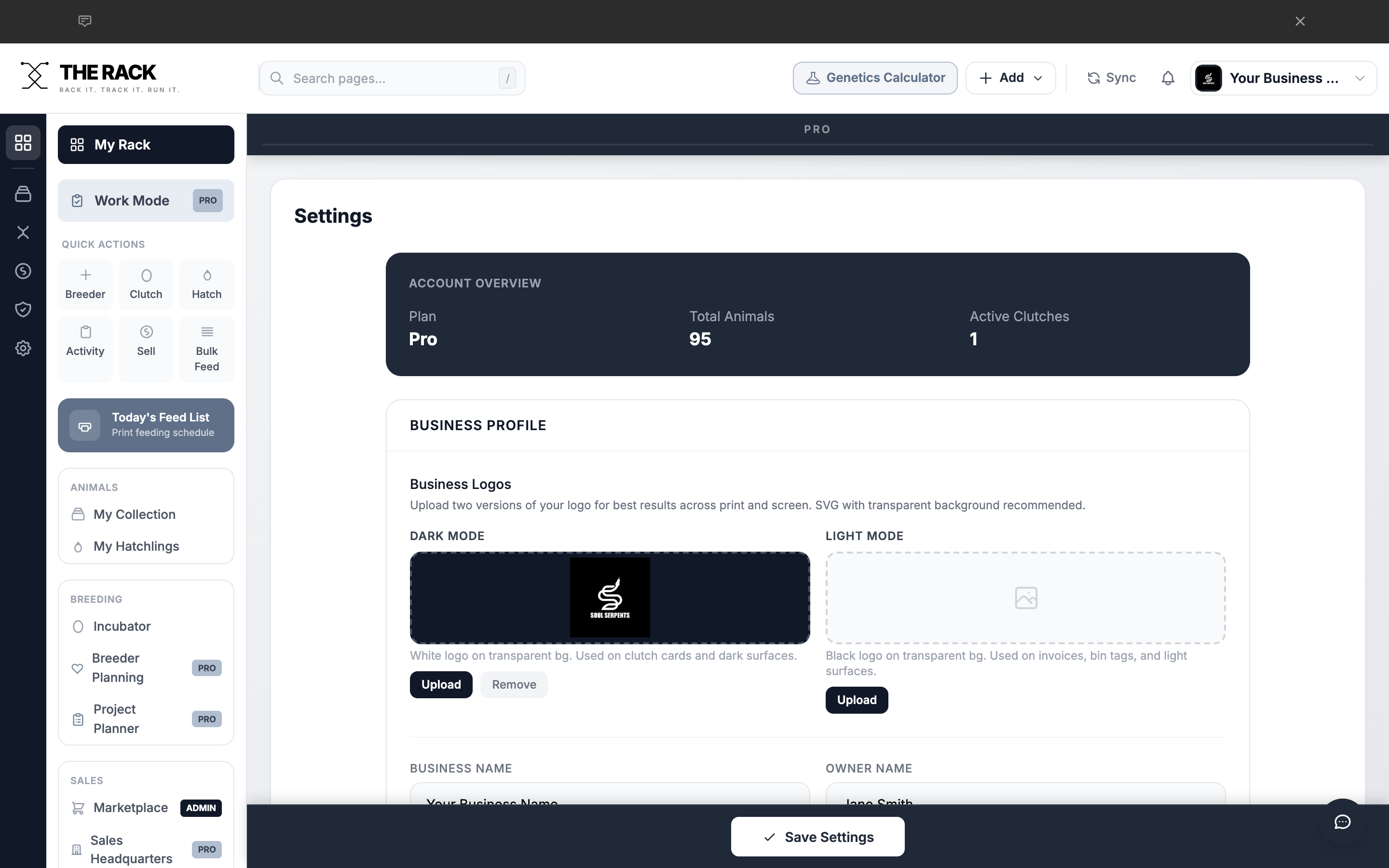 Settings page overview showing Account Overview card with plan, total animals, and active clutches