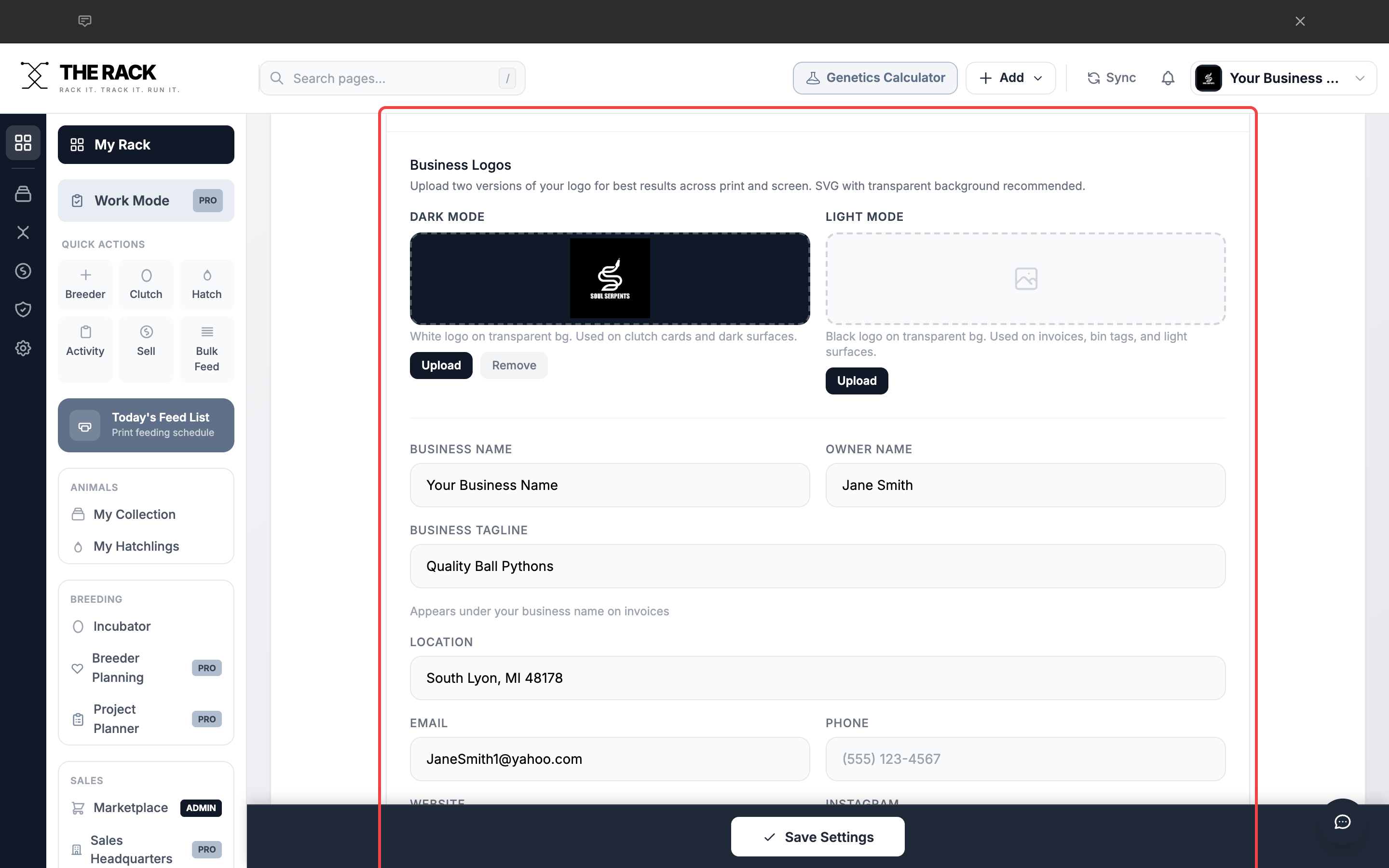 Business Profile section showing logo uploads, business name, owner name, tagline, location, and contact fields
