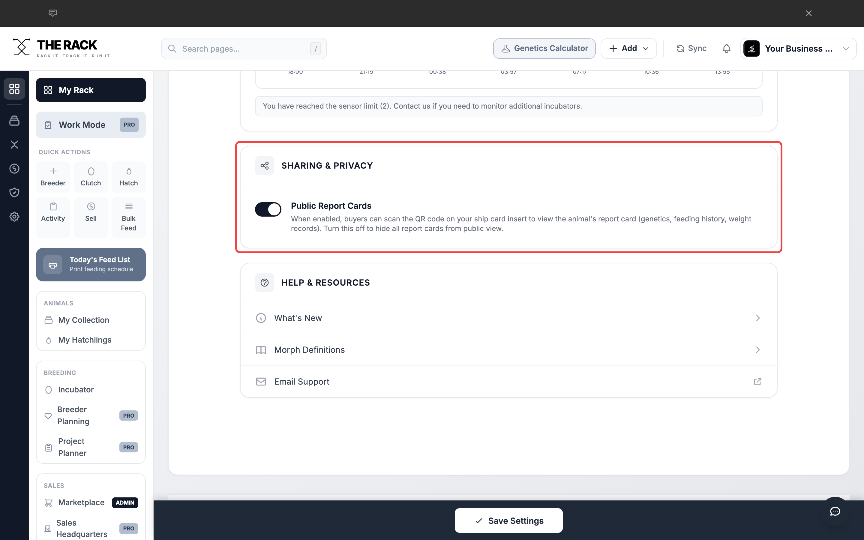 Sharing and Privacy section showing the Public Report Cards toggle