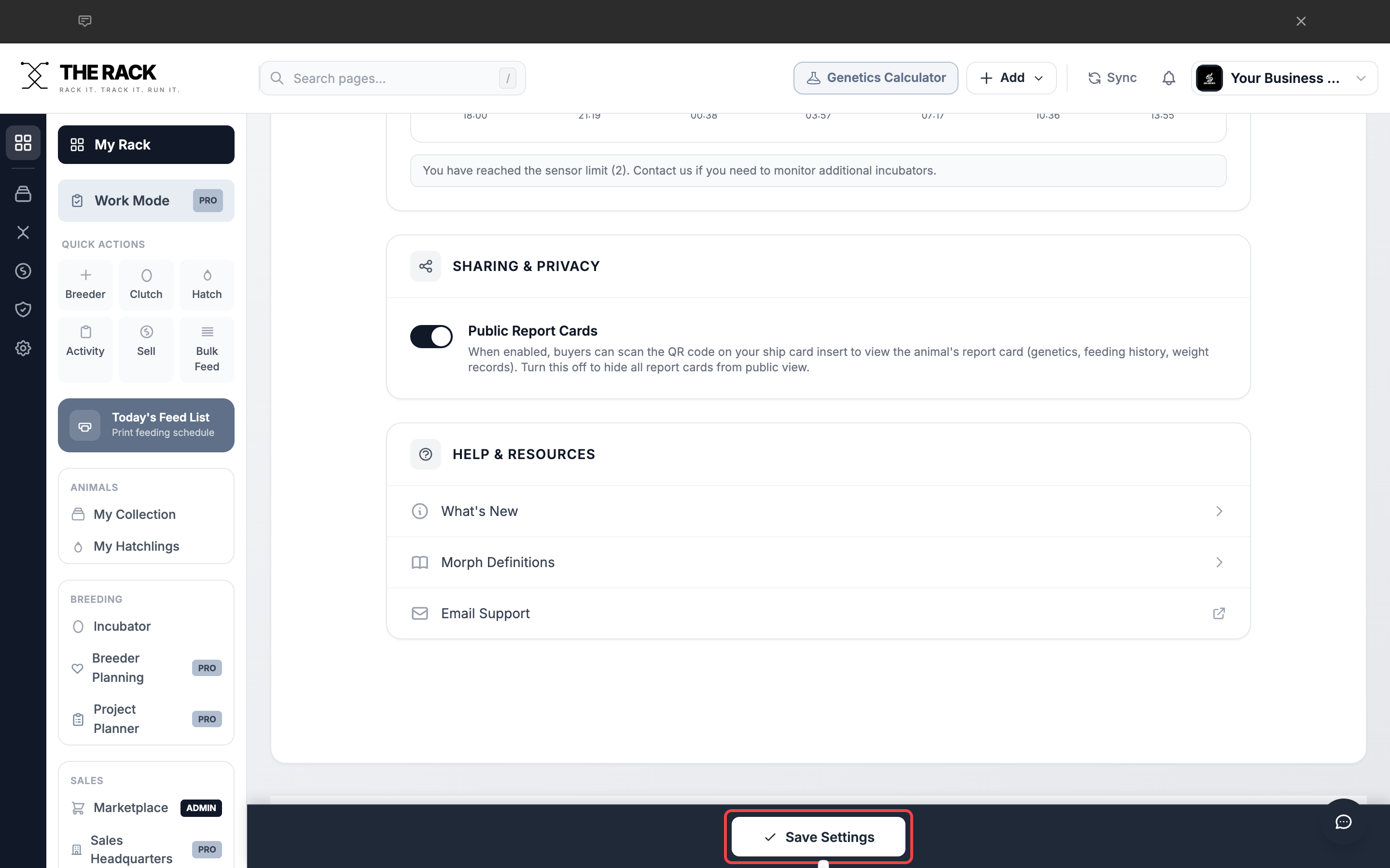 Save Settings button highlighted at the bottom of the page